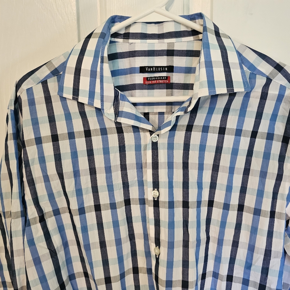 Van Heusen Men's Blue and White Casual Long Sleeve Button Down Shirt Sz L